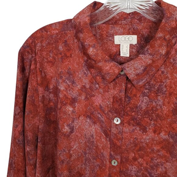 LOGO Lori Goldstein L Blouse Abstract Print Button Semi Sheer Tunic Peplum Tier - Picture 6 of 7